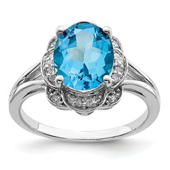 Sterling Silver Rhodium Diamond & Blue Topaz Ring