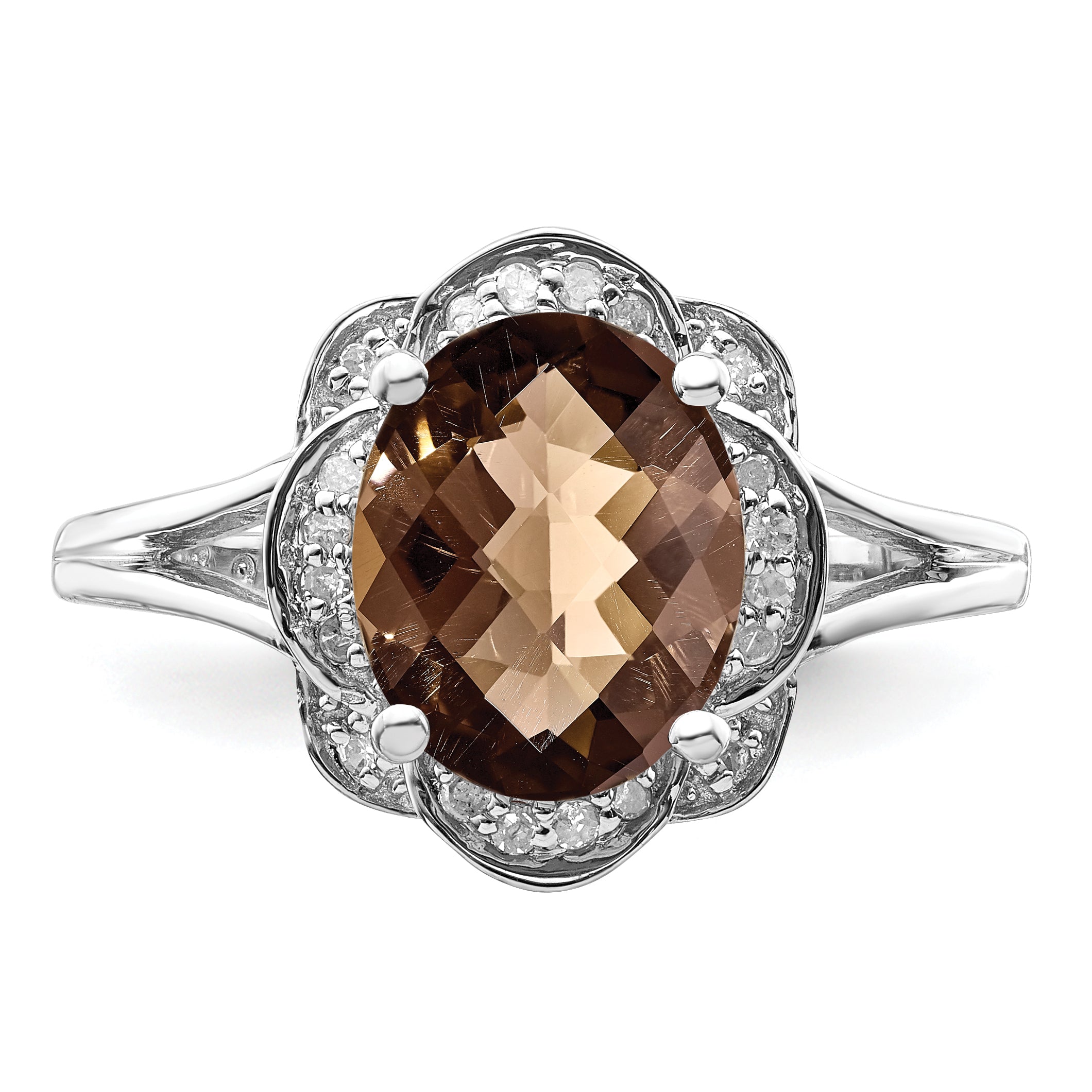 Sterling Silver Rhodium Diamond & Smoky Quartz Ring