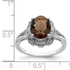 Sterling Silver Rhodium Diamond & Smoky Quartz Ring