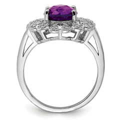 Sterling Silver Rhodium-plated Diam & Oval Checker-Cut Amethyst Ring