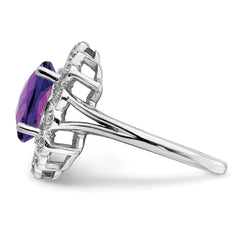 Sterling Silver Rhodium-plated Diam & Oval Checker-Cut Amethyst Ring