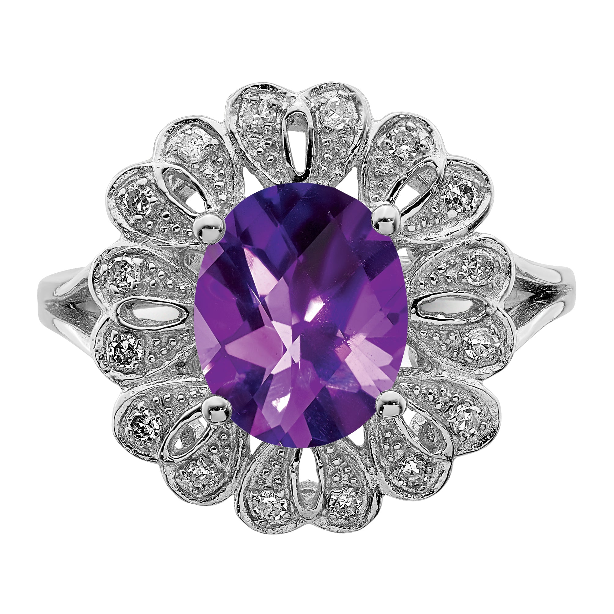 Sterling Silver Rhodium-plated Diam & Oval Checker-Cut Amethyst Ring