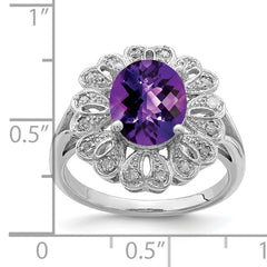 Sterling Silver Rhodium-plated Diam & Oval Checker-Cut Amethyst Ring