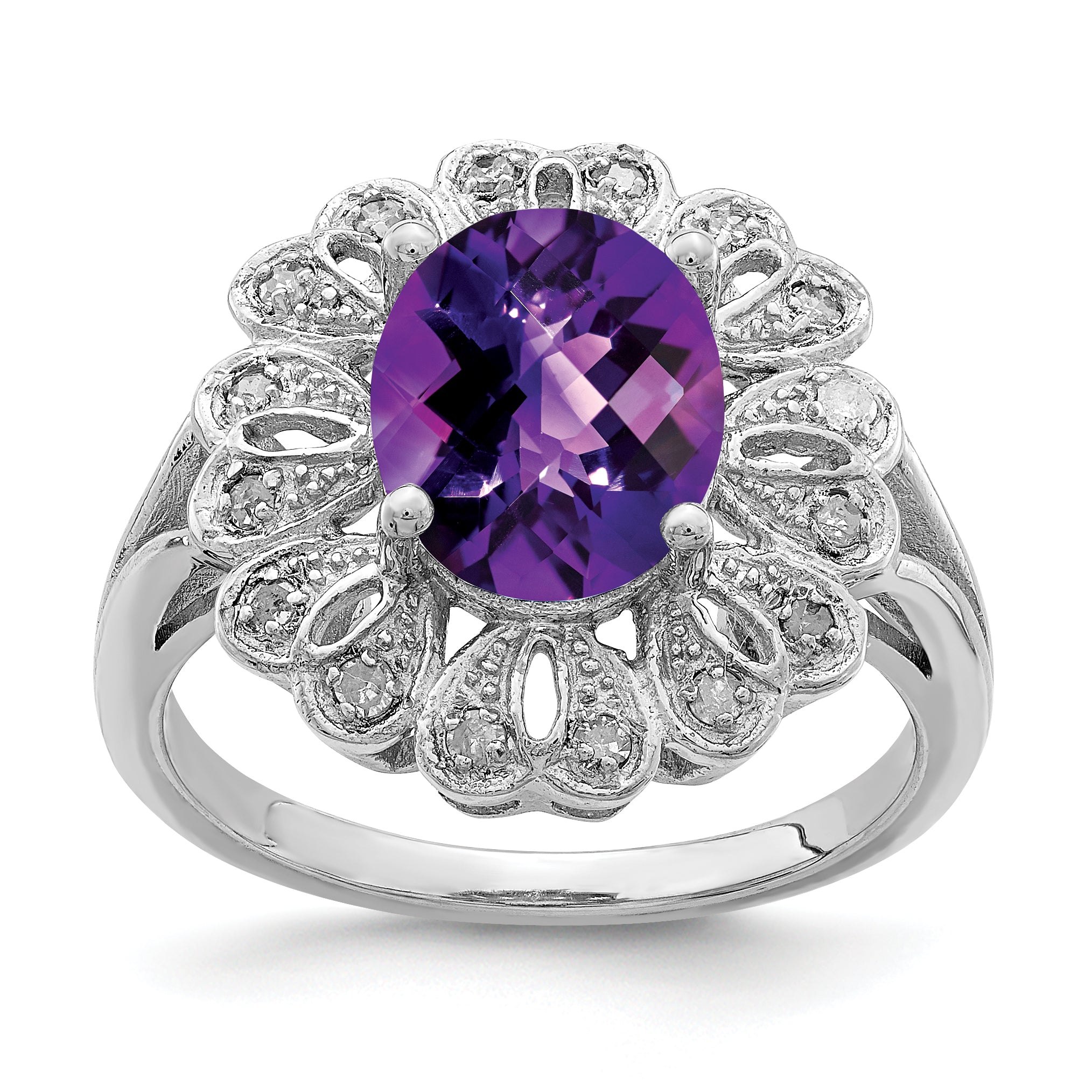 Sterling Silver Rhodium-plated Diam & Oval Checker-Cut Amethyst Ring