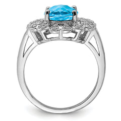 Sterling Silver Rhodium Diamond & Oval Checker-Cut Blue Topaz Ring