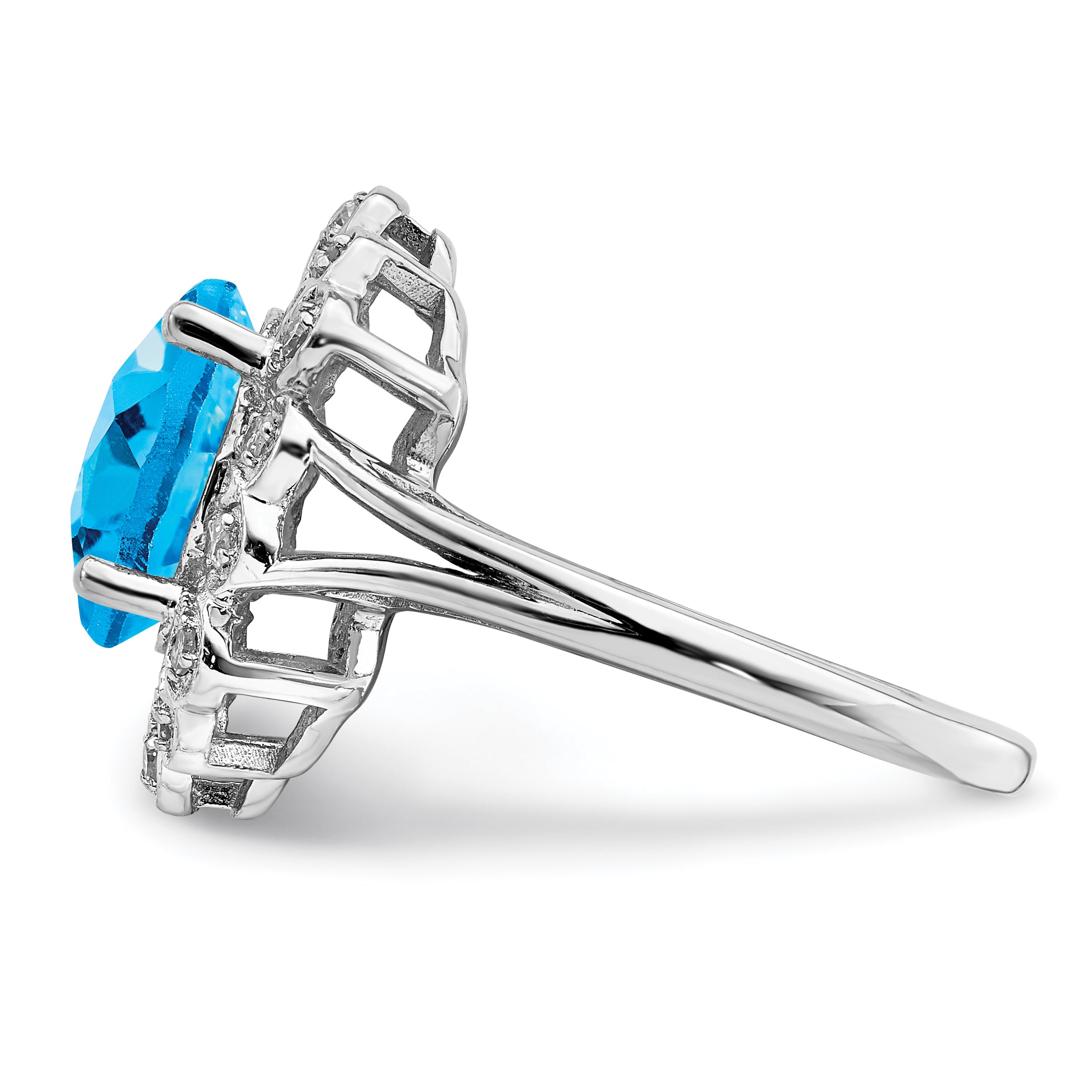 Sterling Silver Rhodium Diamond & Oval Checker-Cut Blue Topaz Ring