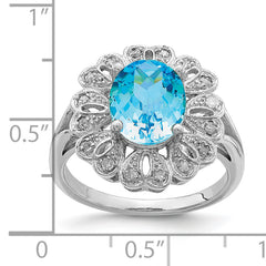 Sterling Silver Rhodium Diamond & Oval Checker-Cut Blue Topaz Ring