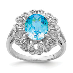 Sterling Silver Rhodium Diamond & Oval Checker-Cut Blue Topaz Ring