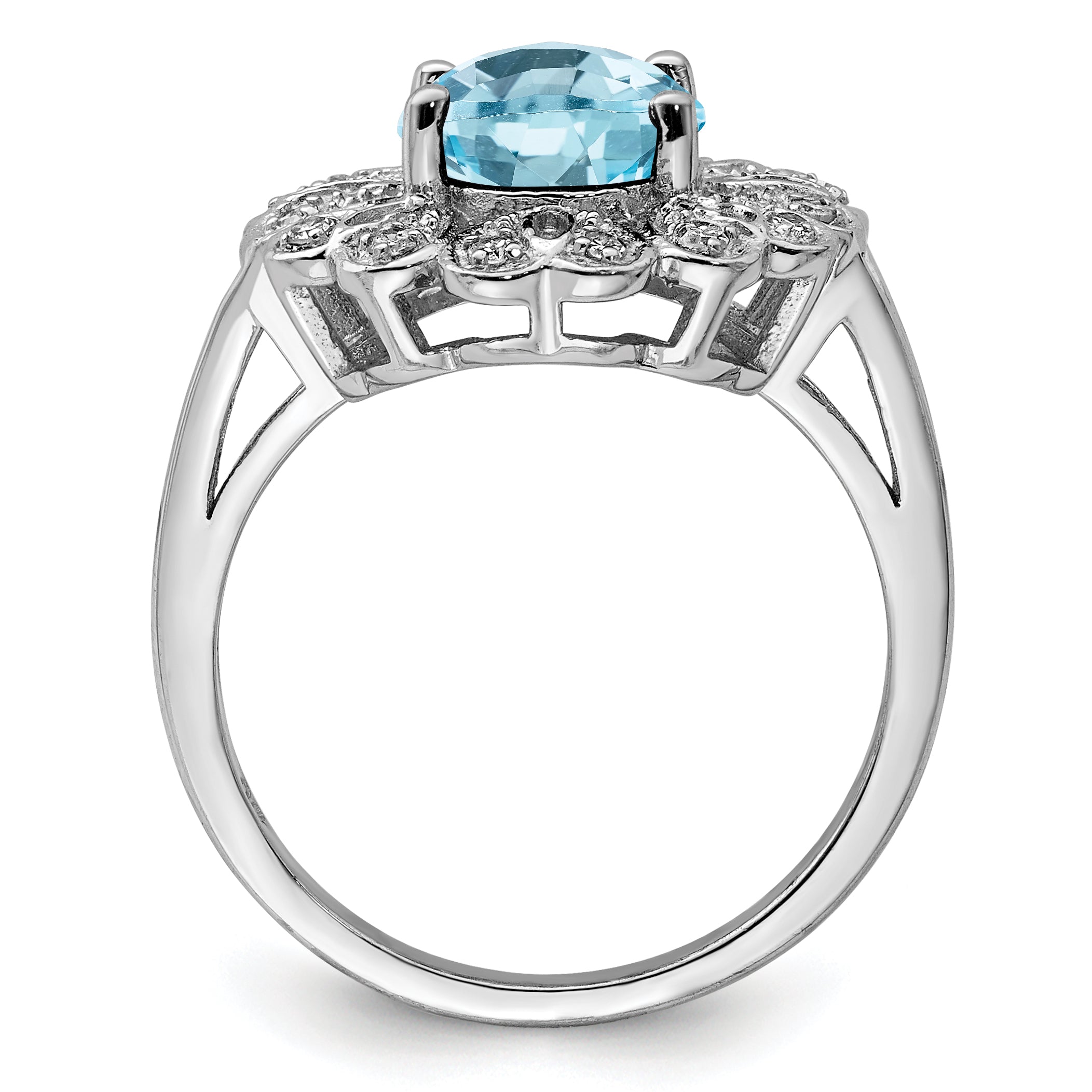 Sterling Silver Rhodium Diamond & Checker-Cut Sky Blue Topaz Ring