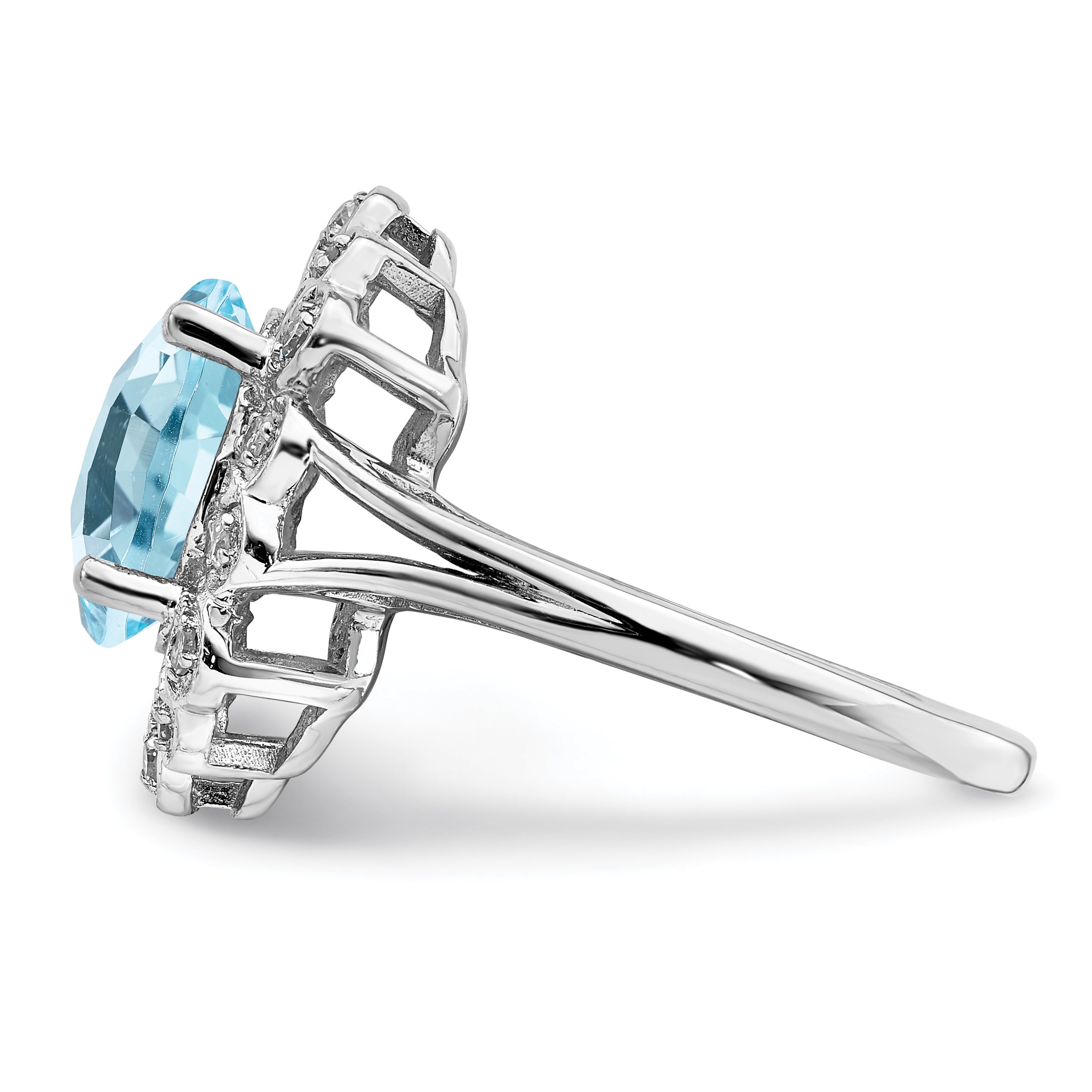 Sterling Silver Rhodium Diamond & Checker-Cut Sky Blue Topaz Ring