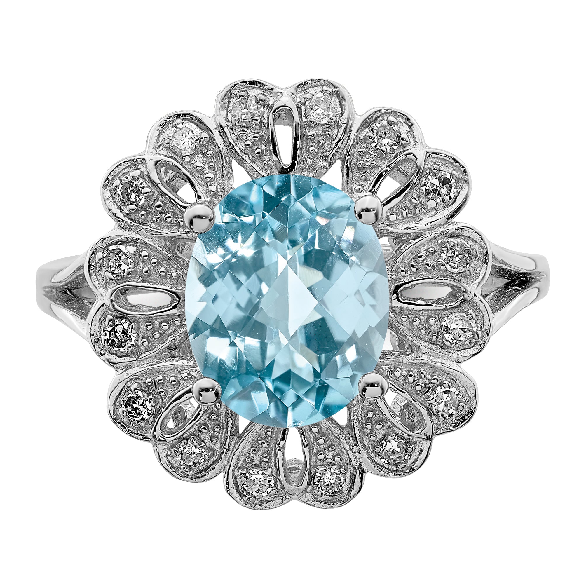 Sterling Silver Rhodium Diamond & Checker-Cut Sky Blue Topaz Ring