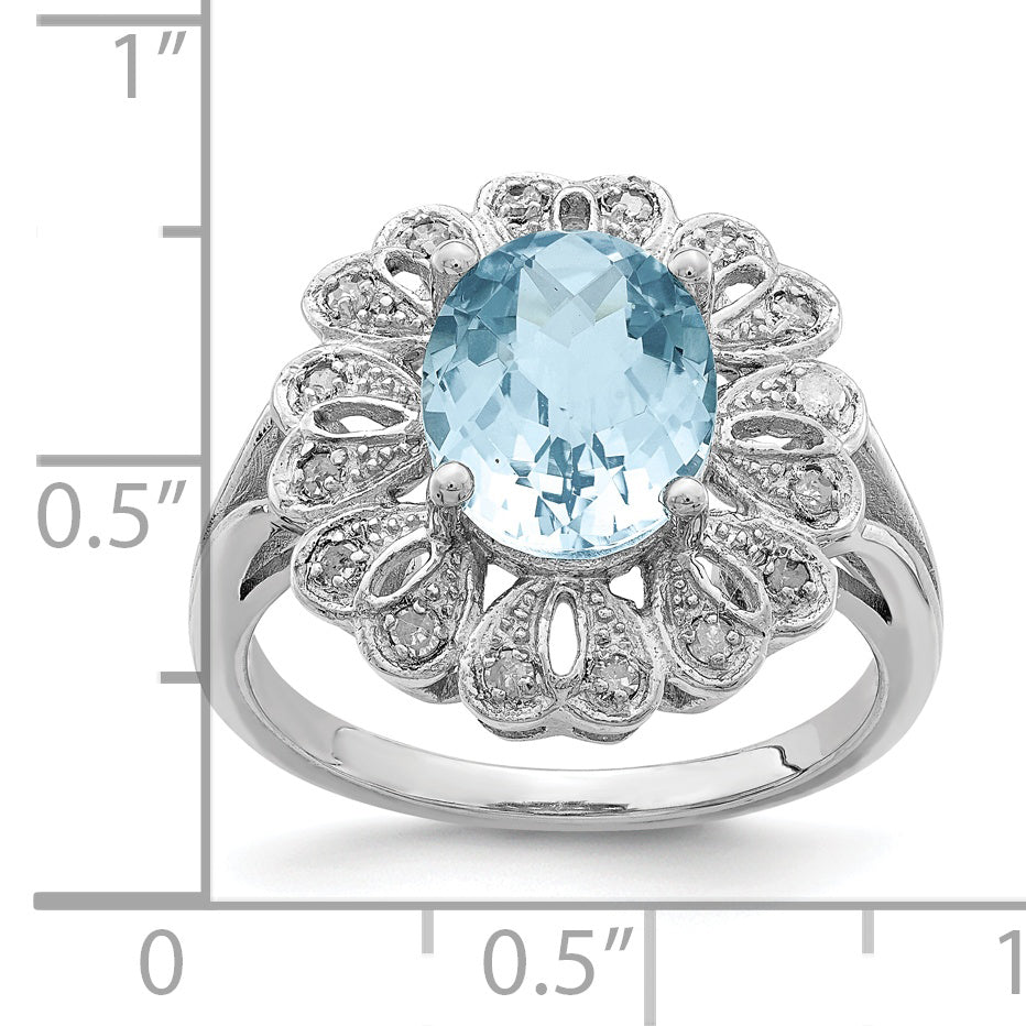 Sterling Silver Rhodium Diamond & Checker-Cut Sky Blue Topaz Ring