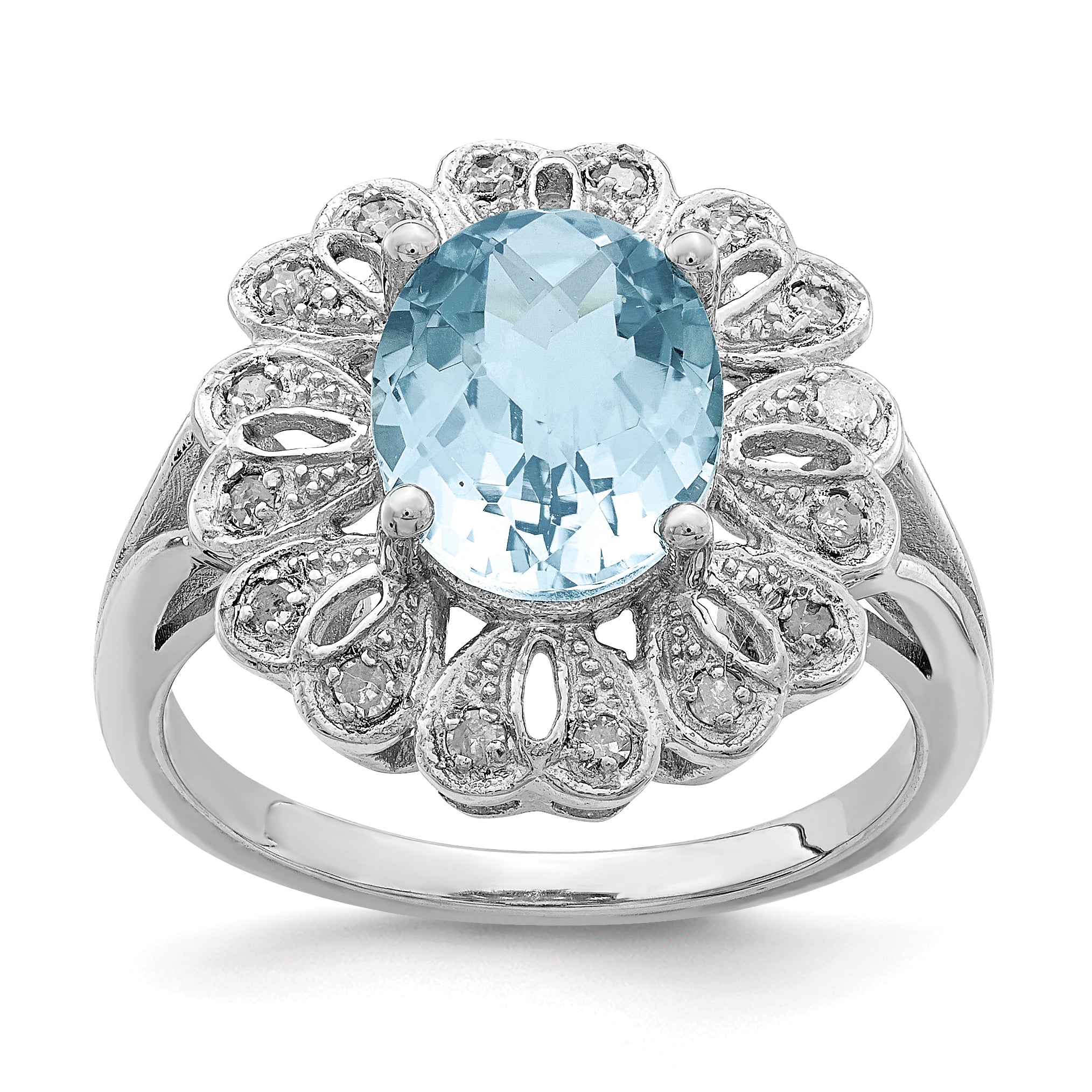 Sterling Silver Rhodium Diamond & Checker-Cut Sky Blue Topaz Ring