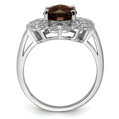 Sterling Silver Rhodium Diamond & Checker-Cut Smoky Quartz Ring