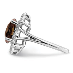 Sterling Silver Rhodium Diamond & Checker-Cut Smoky Quartz Ring