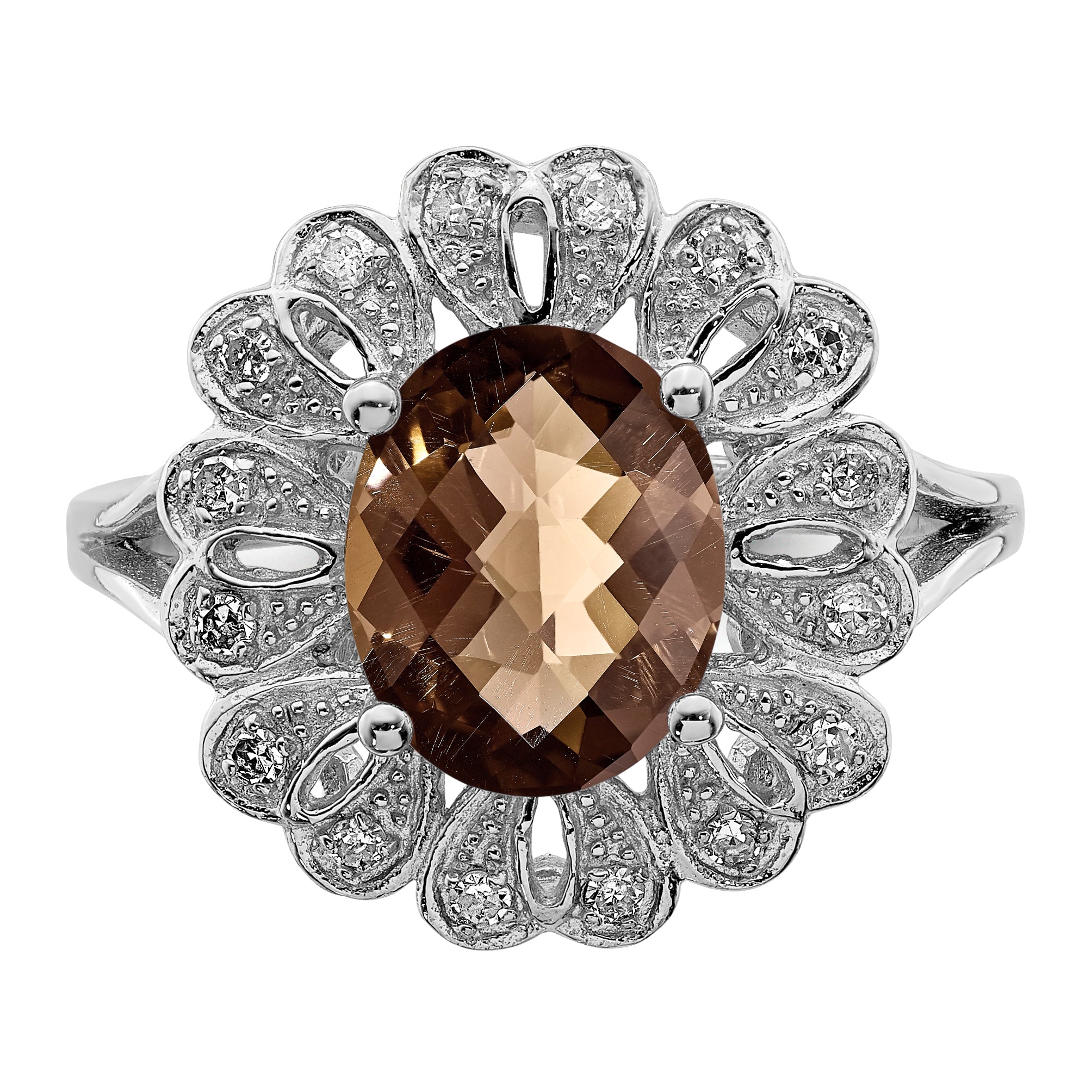 Sterling Silver Rhodium Diamond & Checker-Cut Smoky Quartz Ring