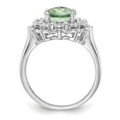 Sterling Silver Rhodium Diamond & Oval Checker-Cut Green Quartz Ring