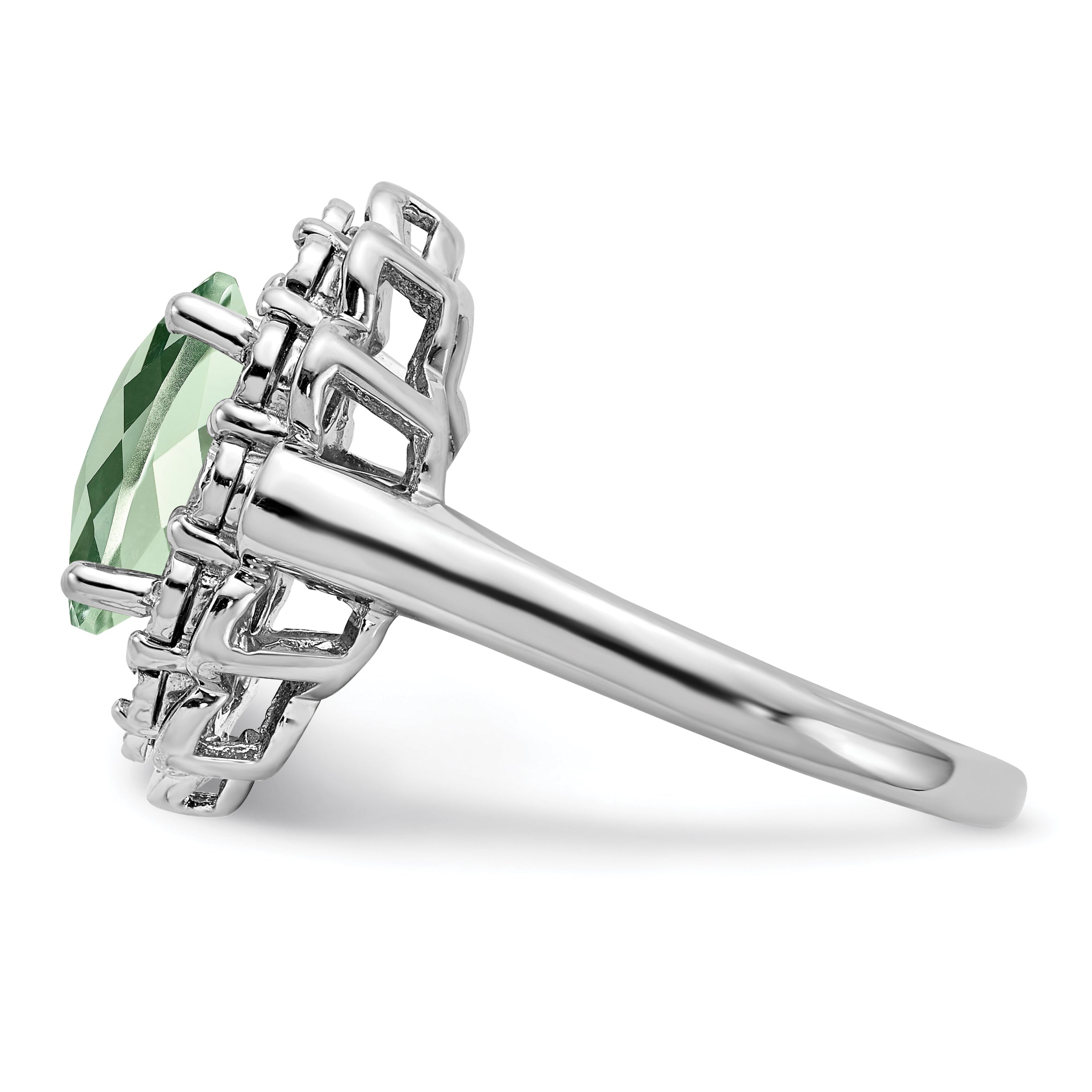 Sterling Silver Rhodium Diamond & Oval Checker-Cut Green Quartz Ring