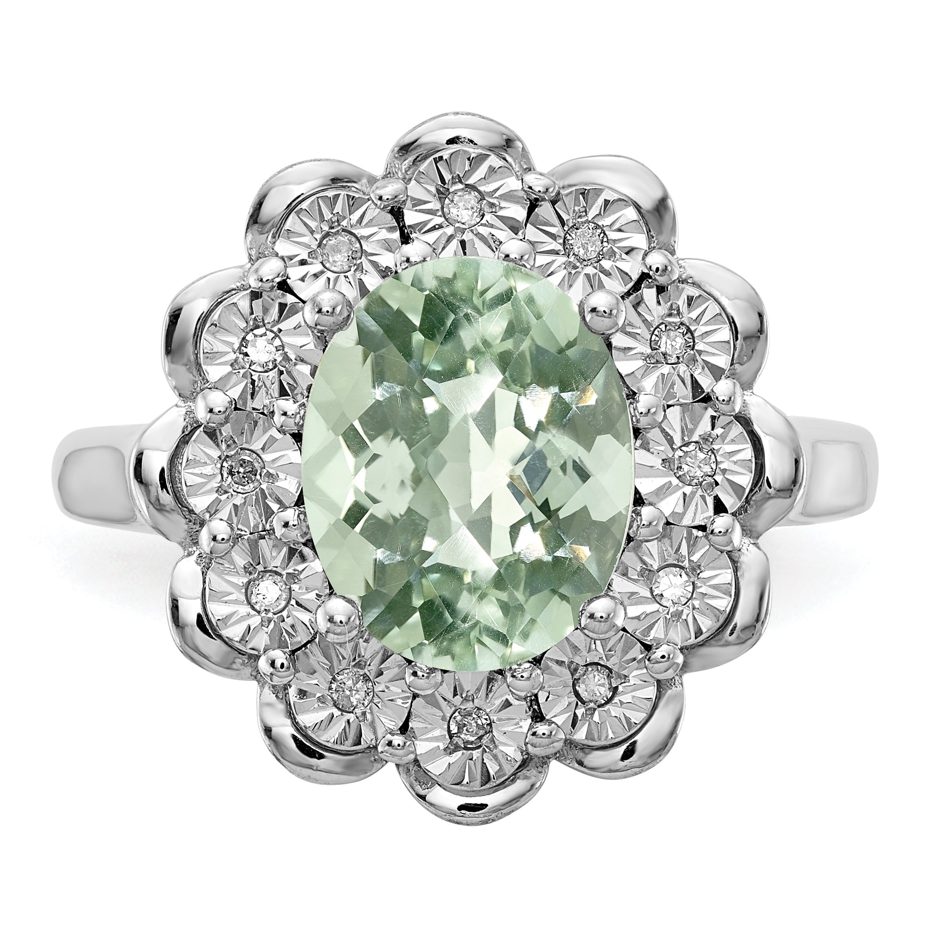 Sterling Silver Rhodium Diamond & Oval Checker-Cut Green Quartz Ring