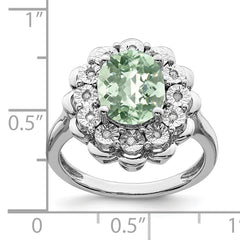 Sterling Silver Rhodium Diamond & Oval Checker-Cut Green Quartz Ring