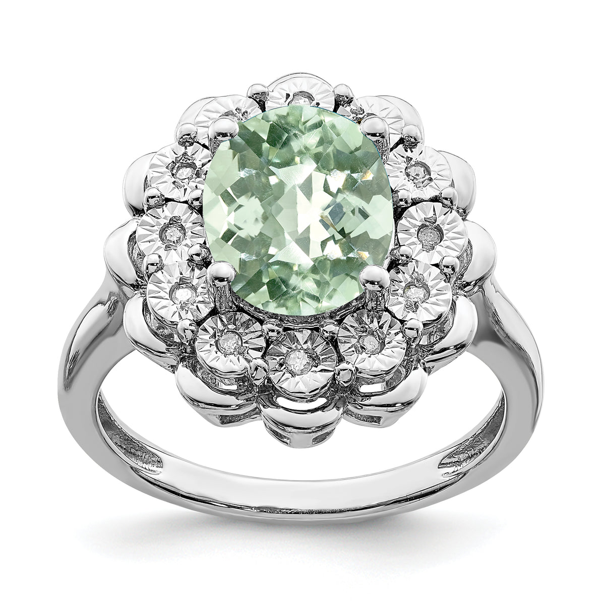 Sterling Silver Rhodium Diamond & Oval Checker-Cut Green Quartz Ring