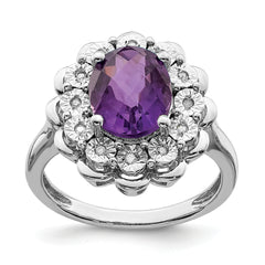 Sterling Silver Rhodium-plated Diamond & Checker-Cut Amethyst Ring