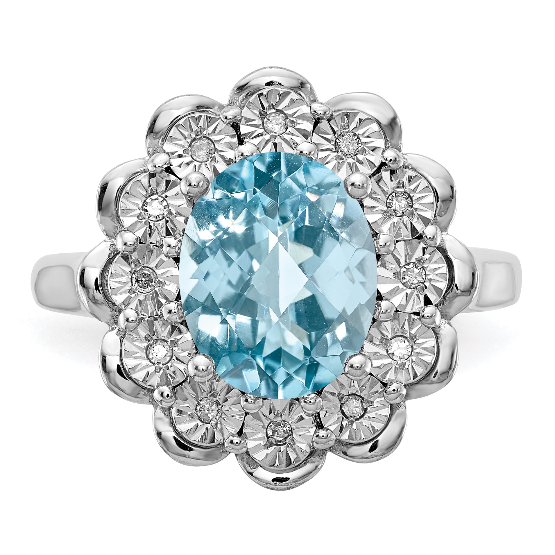 Sterling Silver Rhodium Diamond & Checker-Cut Sky Blue Topaz Ring