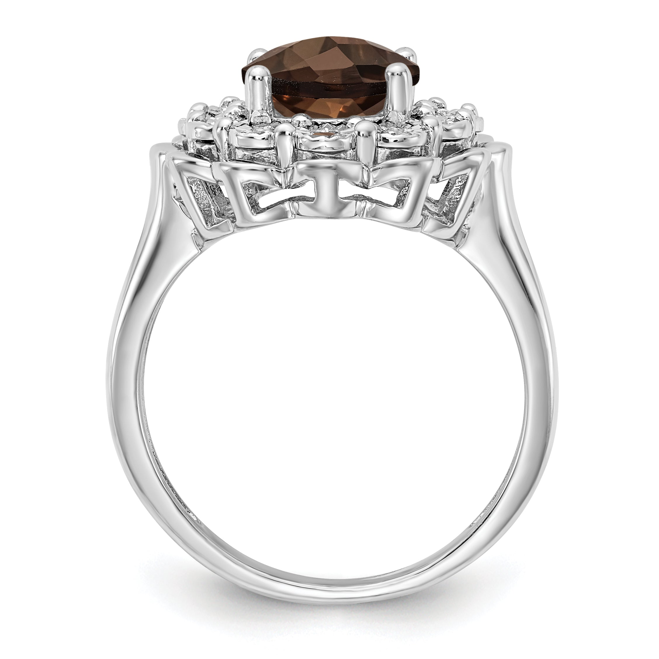 Sterling Silver Rhodium Diamond & Oval Checker-Cut Smoky Quartz Ring