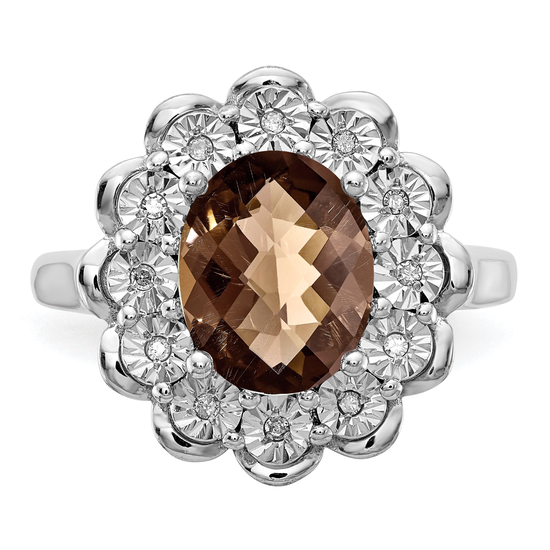 Sterling Silver Rhodium Diamond & Oval Checker-Cut Smoky Quartz Ring