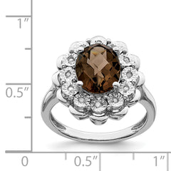 Sterling Silver Rhodium Diamond & Oval Checker-Cut Smoky Quartz Ring