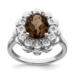 Sterling Silver Rhodium Diamond & Oval Checker-Cut Smoky Quartz Ring