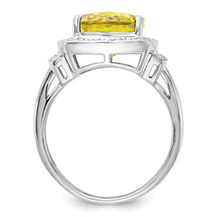 Sterling Silver Rhodium Diamond & Checker-Cut Lemon Quartz Ring