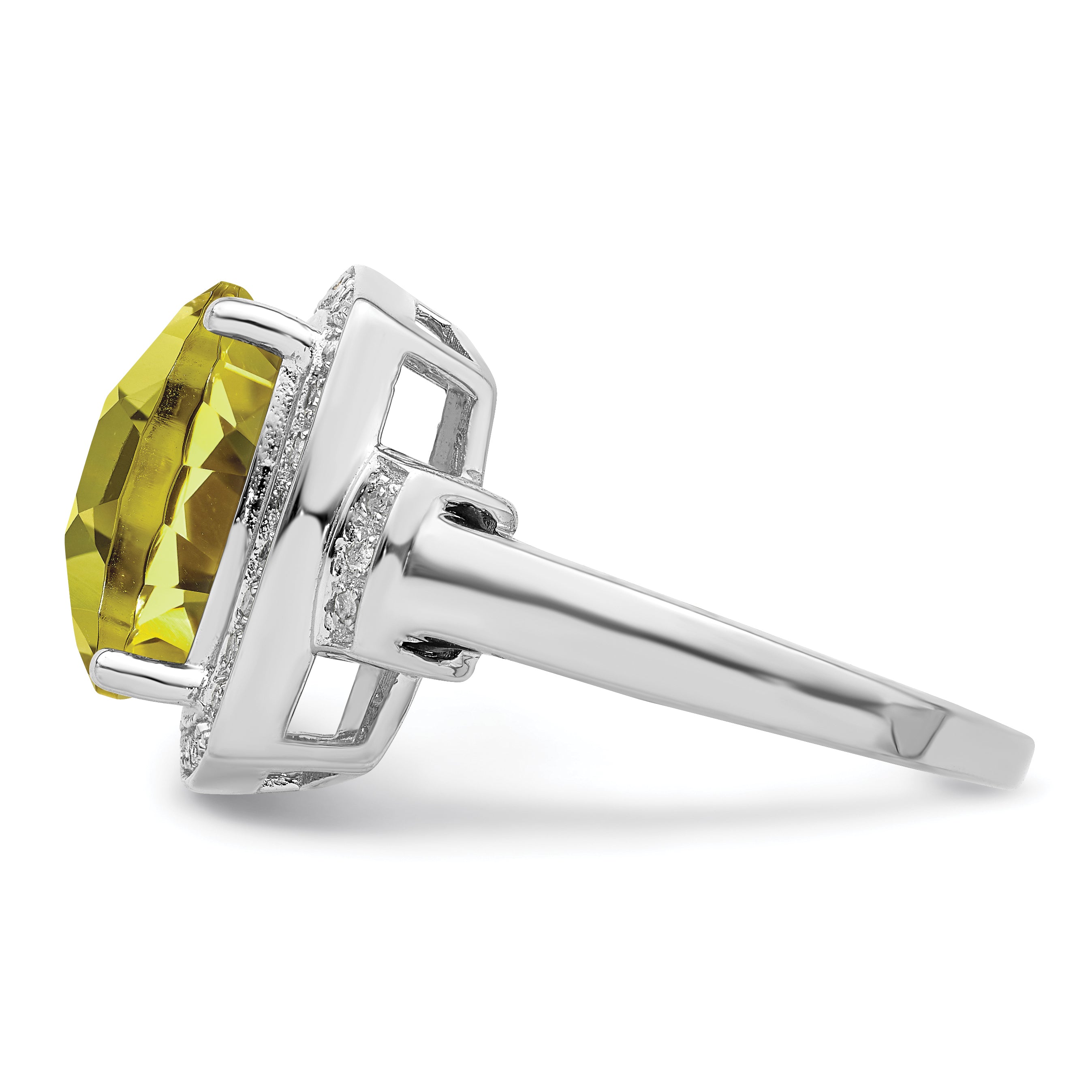 Sterling Silver Rhodium Diamond & Checker-Cut Lemon Quartz Ring