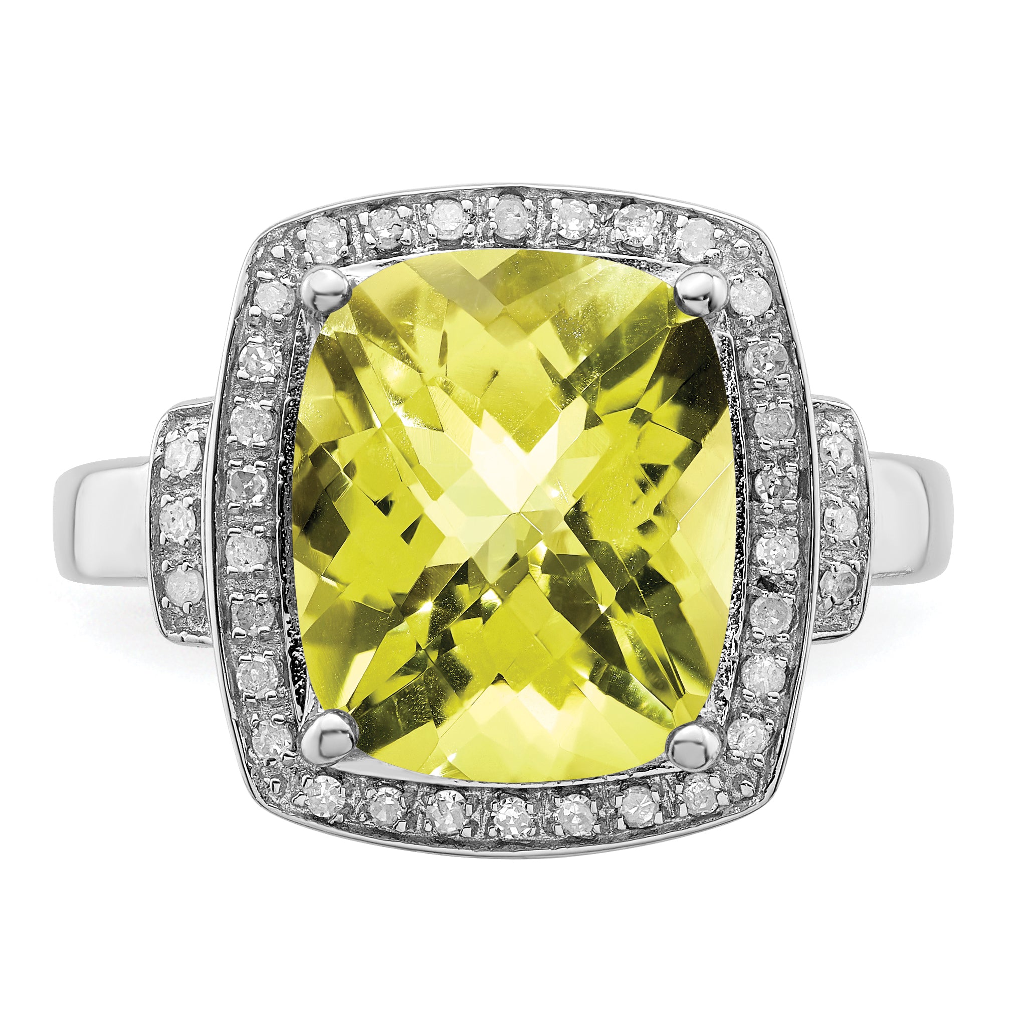 Sterling Silver Rhodium Diamond & Checker-Cut Lemon Quartz Ring