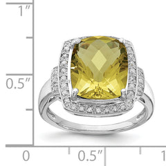 Sterling Silver Rhodium Diamond & Checker-Cut Lemon Quartz Ring