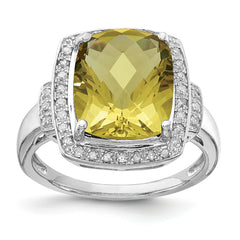 Sterling Silver Rhodium Diamond & Checker-Cut Lemon Quartz Ring