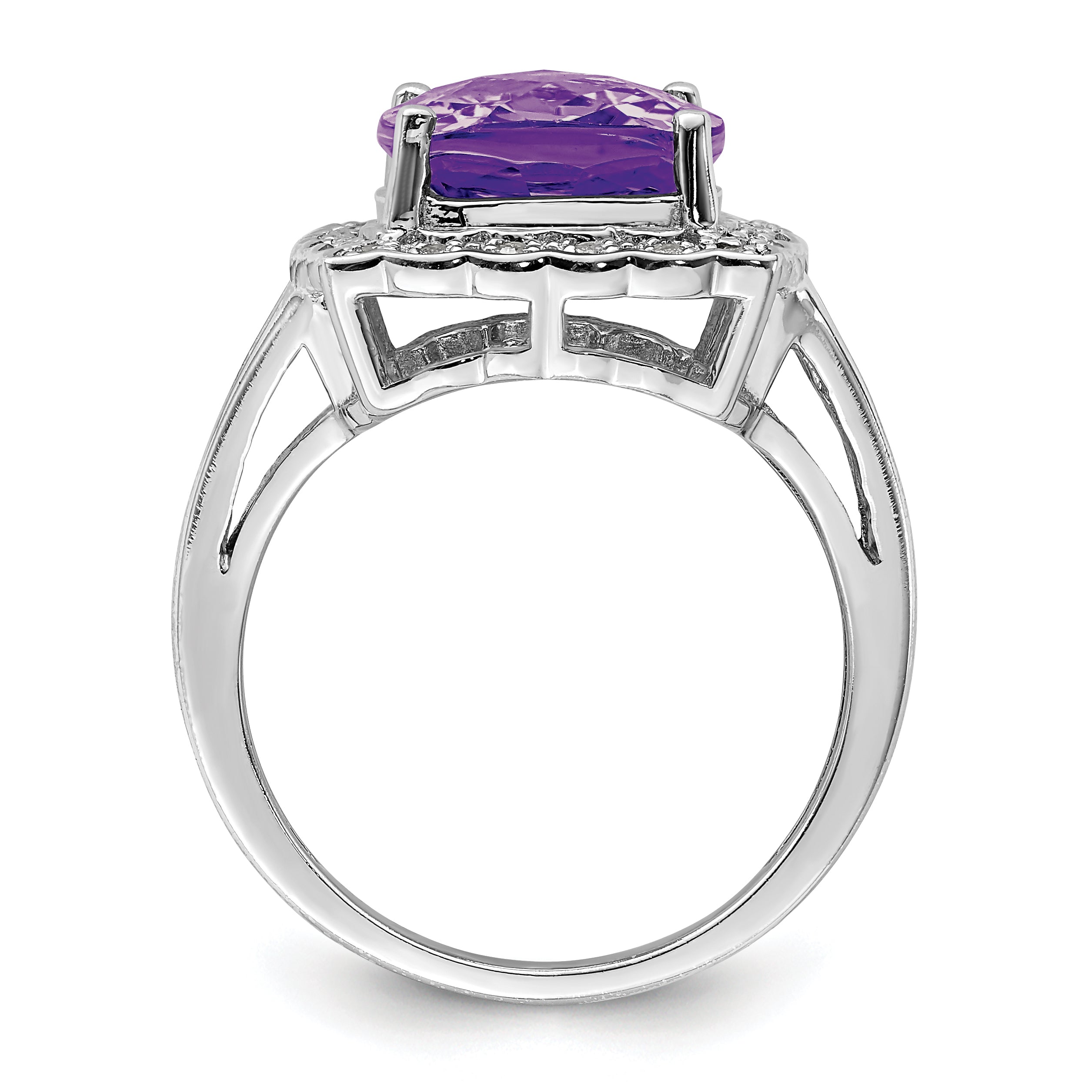 Sterling Silver Rhodium-plated Diamond & Checker-Cut Amethyst Ring