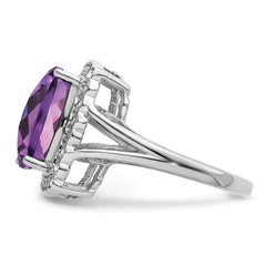 Sterling Silver Rhodium-plated Diamond & Checker-Cut Amethyst Ring