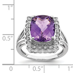 Sterling Silver Rhodium-plated Diamond & Checker-Cut Amethyst Ring