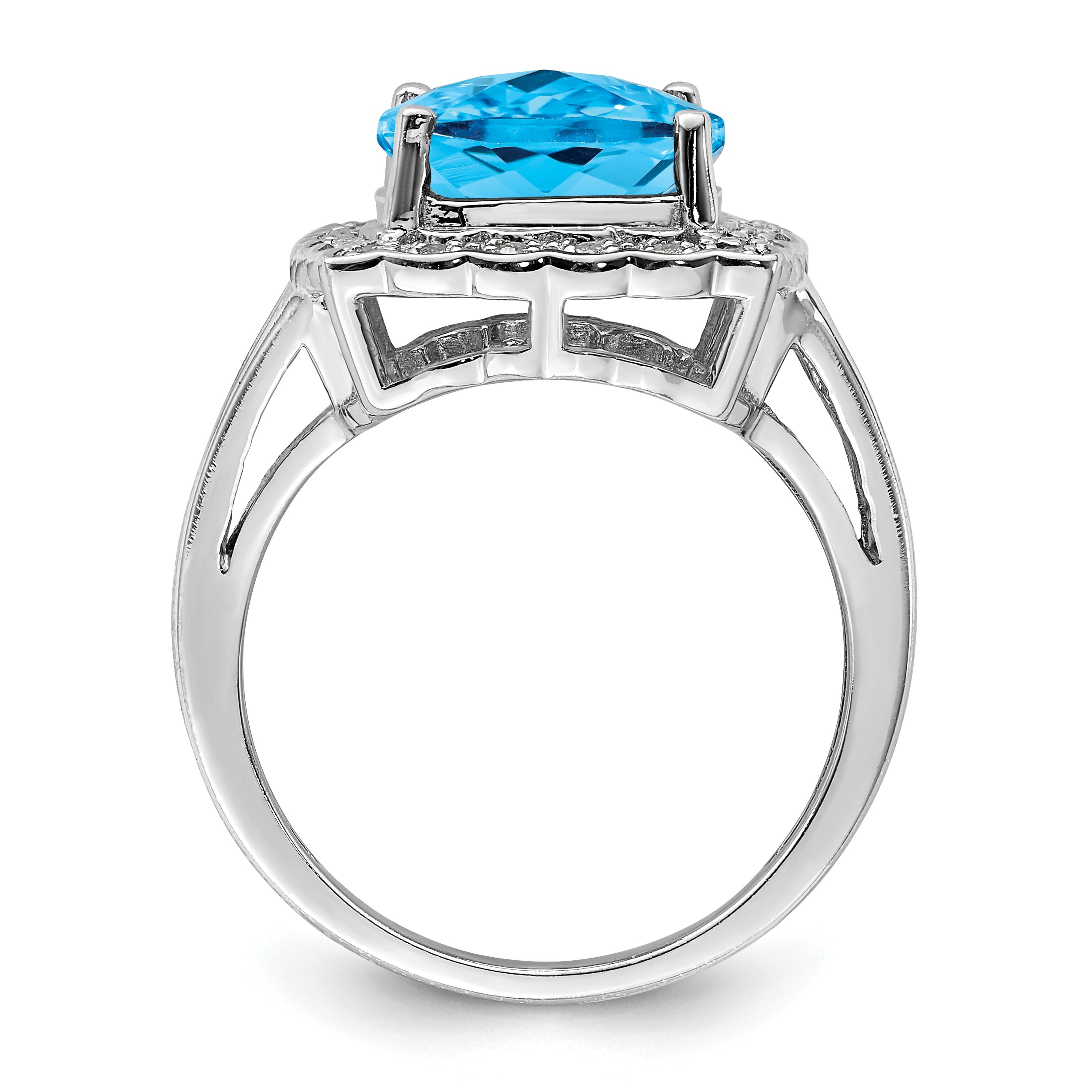 Sterling Silver Rhodium Diamond & Checker-Cut Blue Topaz Ring