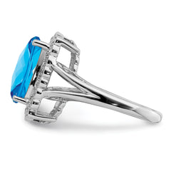 Sterling Silver Rhodium Diamond & Checker-Cut Blue Topaz Ring