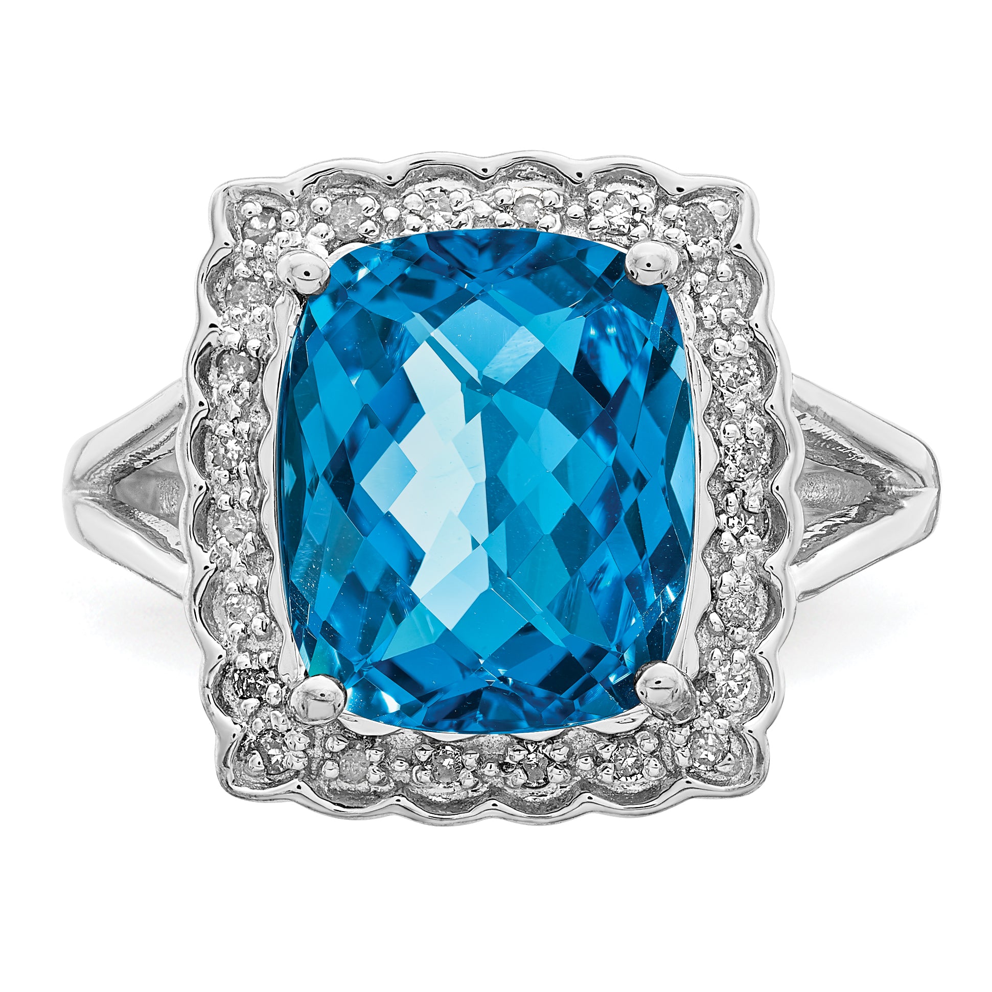 Sterling Silver Rhodium Diamond & Checker-Cut Blue Topaz Ring