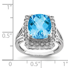 Sterling Silver Rhodium Diamond & Checker-Cut Blue Topaz Ring