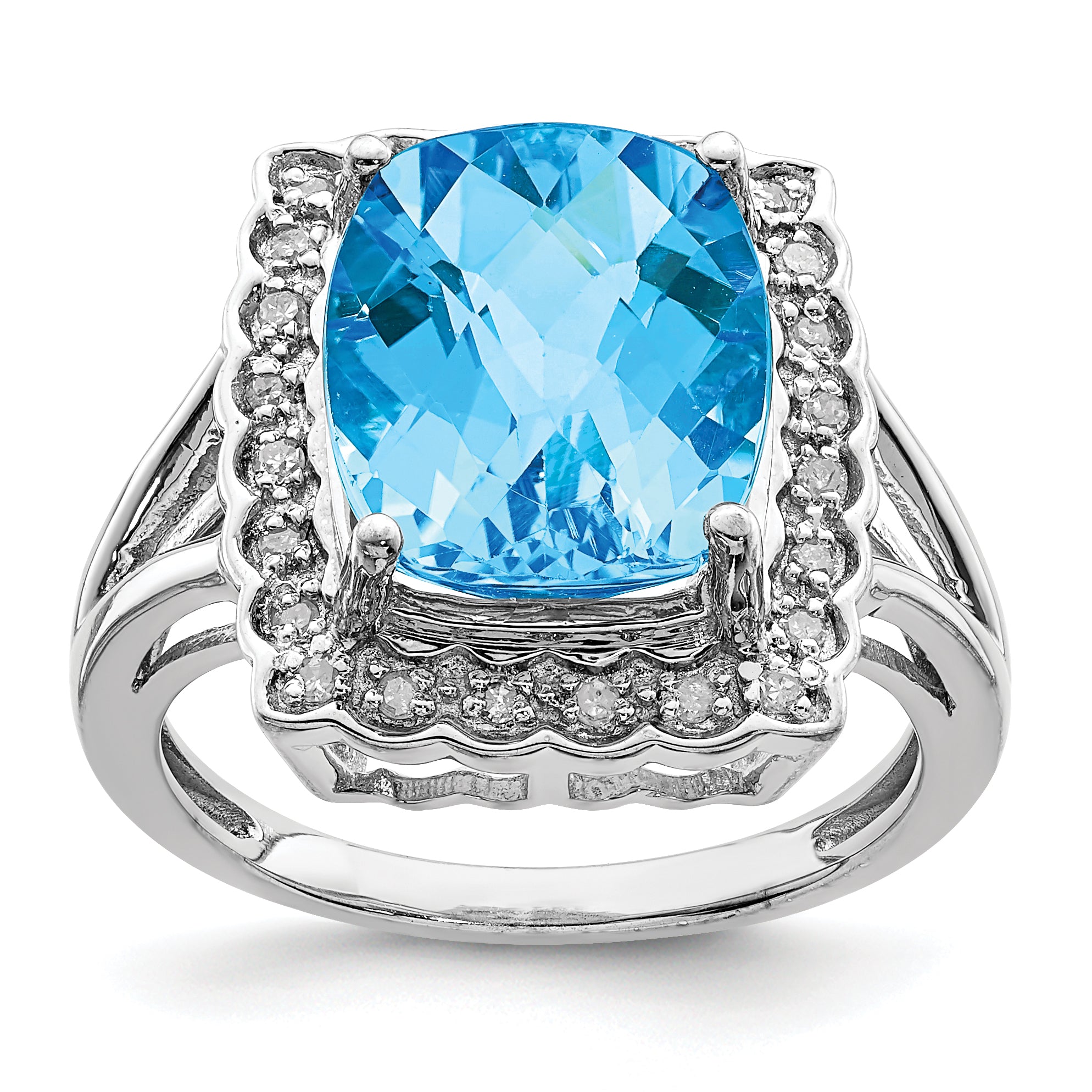 Sterling Silver Rhodium Diamond & Checker-Cut Blue Topaz Ring