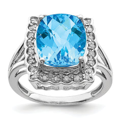 Sterling Silver Rhodium Diamond & Checker-Cut Blue Topaz Ring