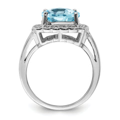 Sterling Silver Rhodium Diamond & Checker-Cut Sky Blue Topaz Ring