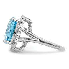 Sterling Silver Rhodium Diamond & Checker-Cut Sky Blue Topaz Ring