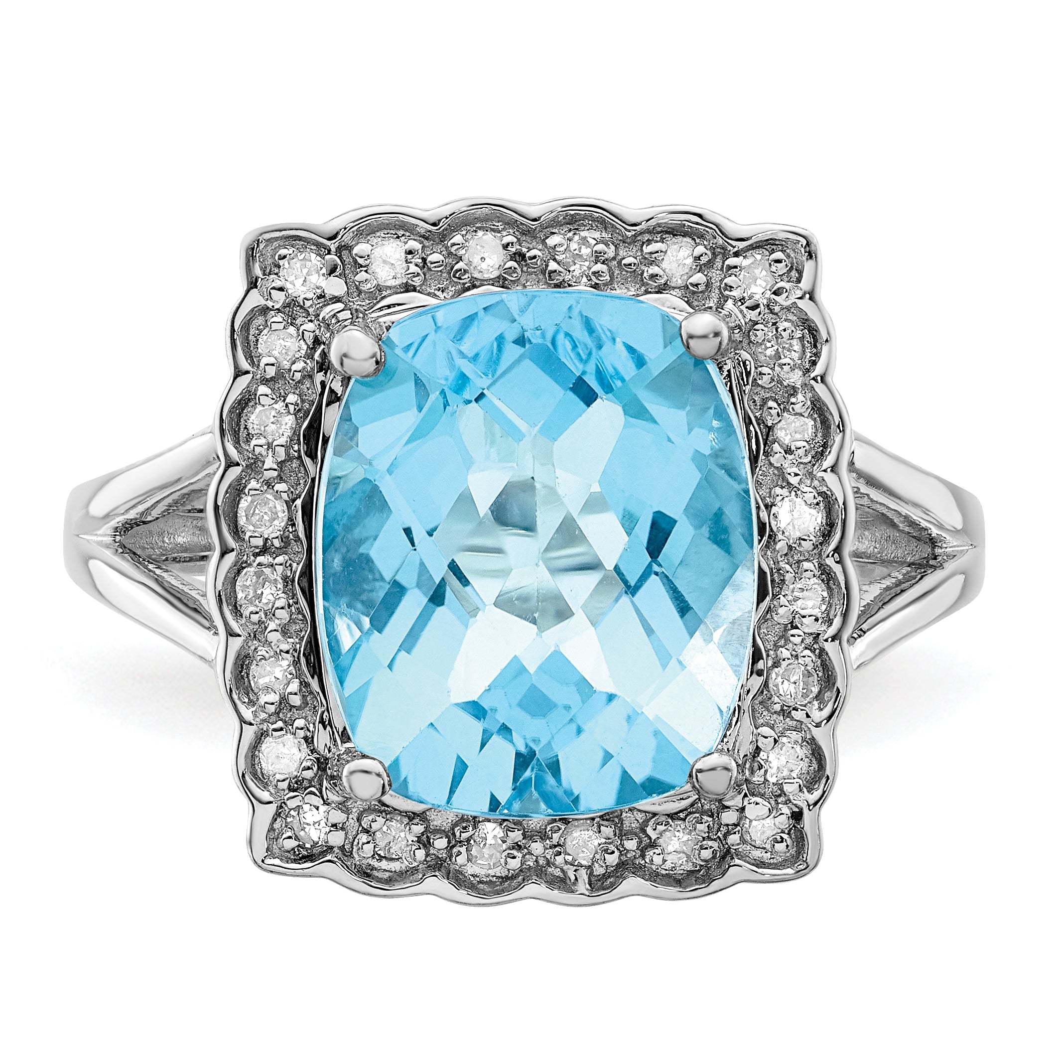 Sterling Silver Rhodium Diamond & Checker-Cut Sky Blue Topaz Ring