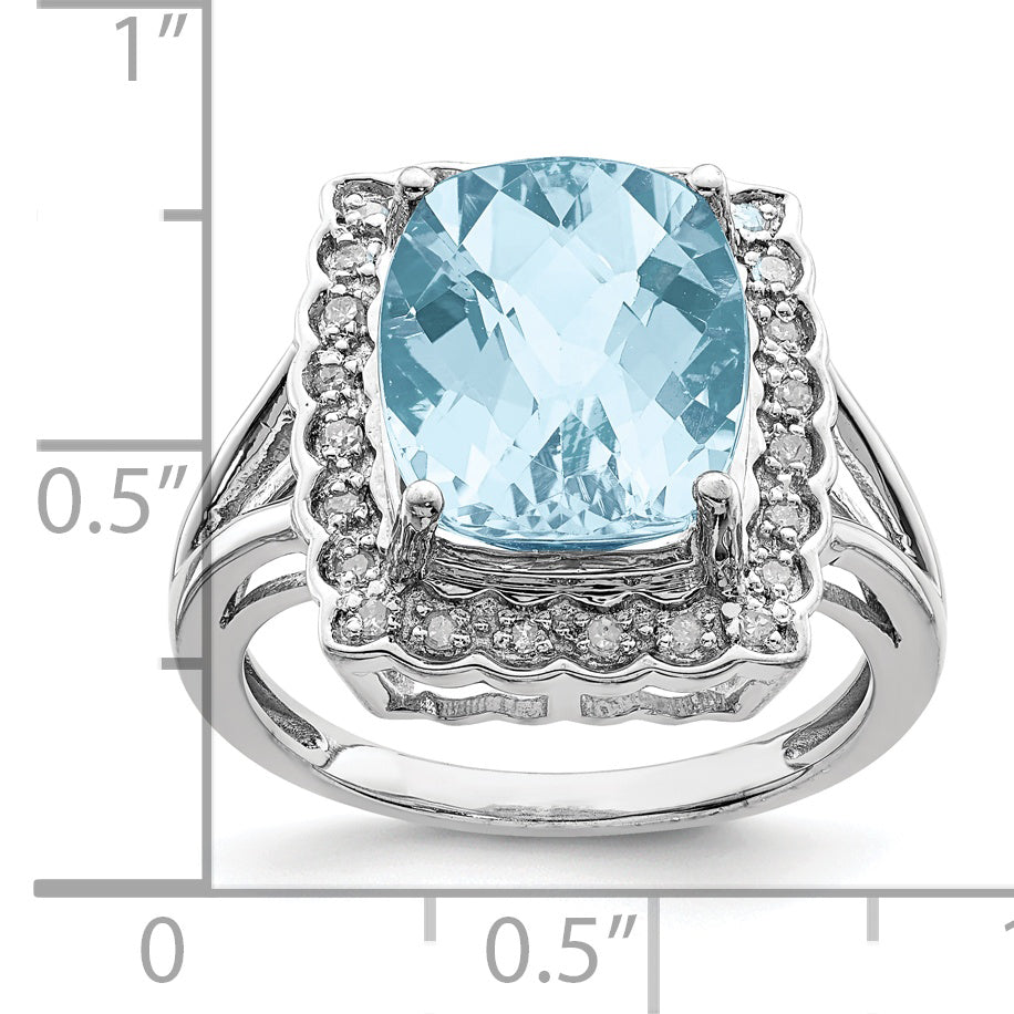 Sterling Silver Rhodium Diamond & Checker-Cut Sky Blue Topaz Ring