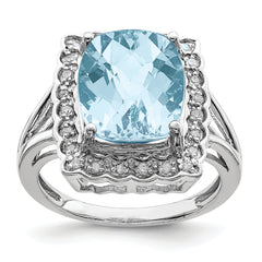 Sterling Silver Rhodium Diamond & Checker-Cut Sky Blue Topaz Ring